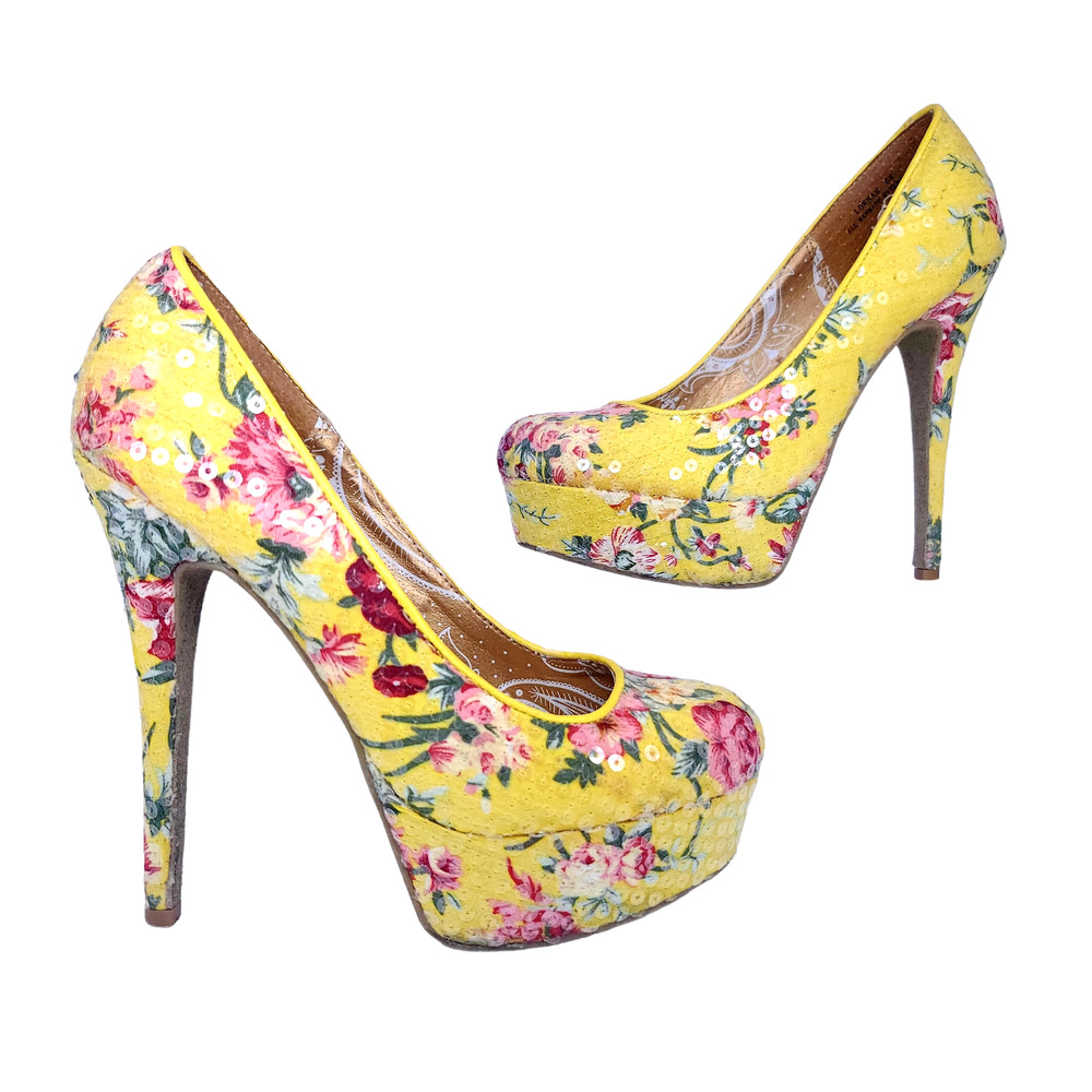 Dollhouse Heels 6 Platform Bright Yellow Pink Floral Pattern Sequin Bling Summer